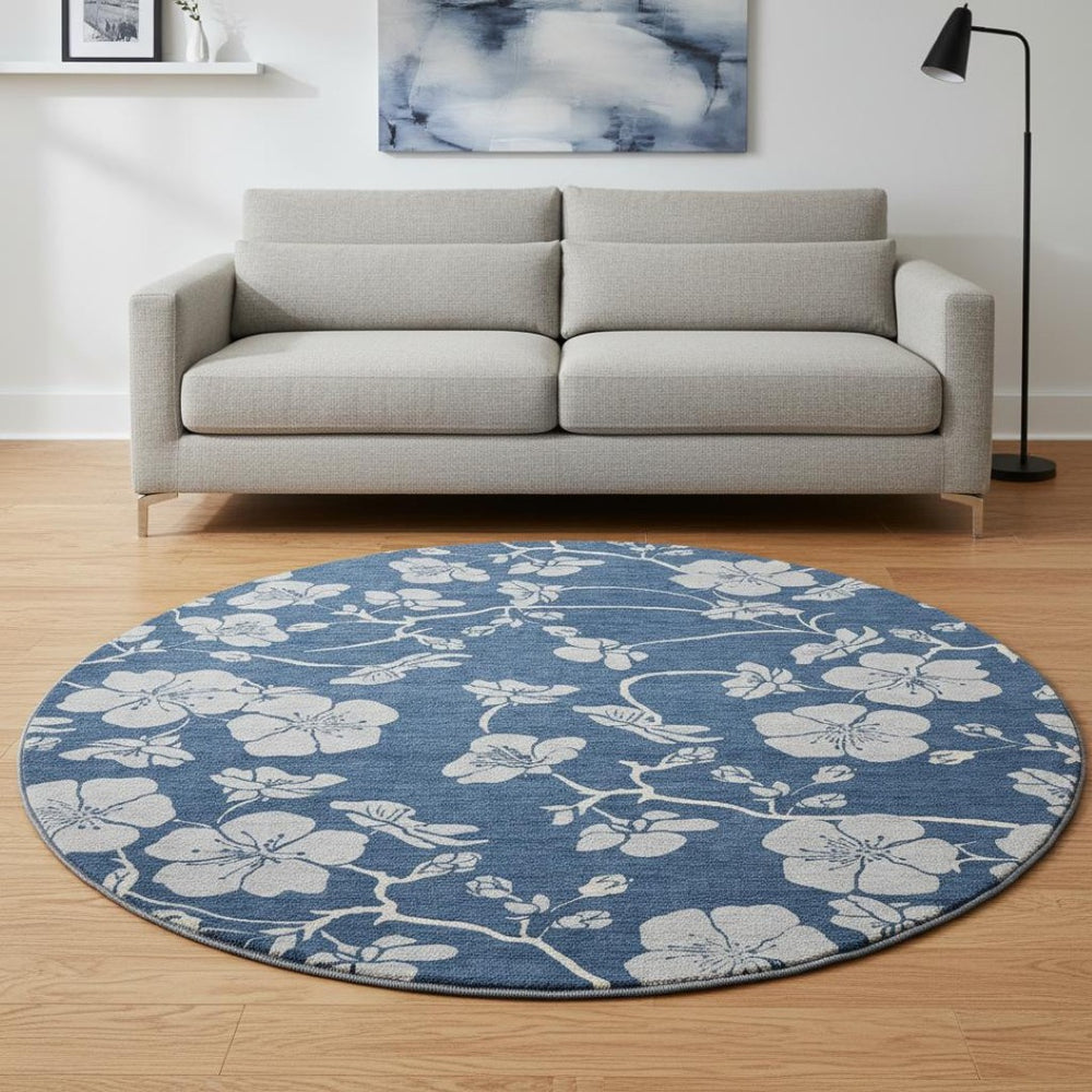 HomeRoots 8' Navy Blue Floral Round Rug - Elegant, Washable, Stain-Resistant with UV Protection for Home Decor 681176