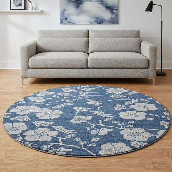 HomeRoots 8' Navy Blue Floral Round Rug - Elegant, Washable, Stain-Resistant with UV Protection for Home Decor 681176