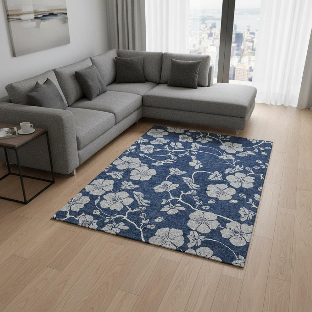 HomeRoots 8' X 10' Navy Blue & Ivory Floral Area Rug – Washable, Durable, UV-Protected for Timeless Elegance 681177