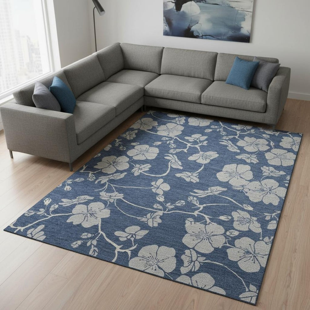 HomeRoots 9' X 12' Navy Floral Area Rug - Durable, Washable, UV Protected, Perfect for High-Traffic Spaces! 681178