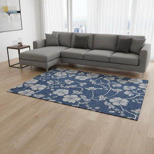 HomeRoots 10' Navy Blue & Ivory Floral Washable Area Rug - UV Protected, Stain Resistant, Perfect for High Traffic! 681179