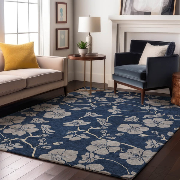 HomeRoots 10' Navy Blue & Ivory Floral Washable Area Rug - UV Protected, Stain Resistant, Perfect for High Traffic! 681179