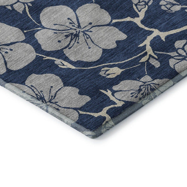 HomeRoots 10' Navy Blue & Ivory Floral Washable Area Rug - UV Protected, Stain Resistant, Perfect for High Traffic! 681179