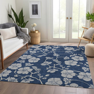 HomeRoots 10' Navy Blue & Ivory Floral Washable Area Rug - UV Protected, Stain Resistant, Perfect for High Traffic! 681179