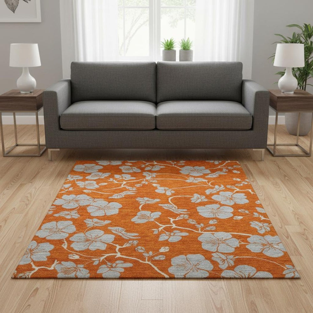 HomeRoots 5' X 8' Floral Area Rug in Orange, Gray & Ivory - Washable, UV-Protected for Kid & Pet Friendly Homes 681181