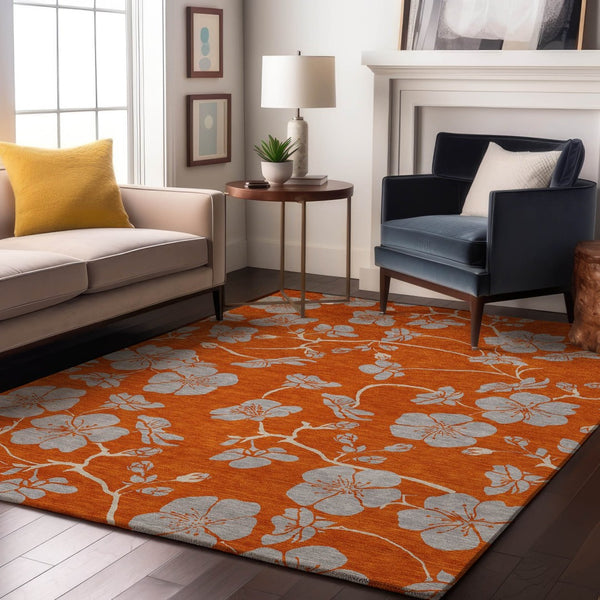 HomeRoots 5' X 8' Floral Area Rug in Orange, Gray & Ivory - Washable, UV-Protected for Kid & Pet Friendly Homes 681181