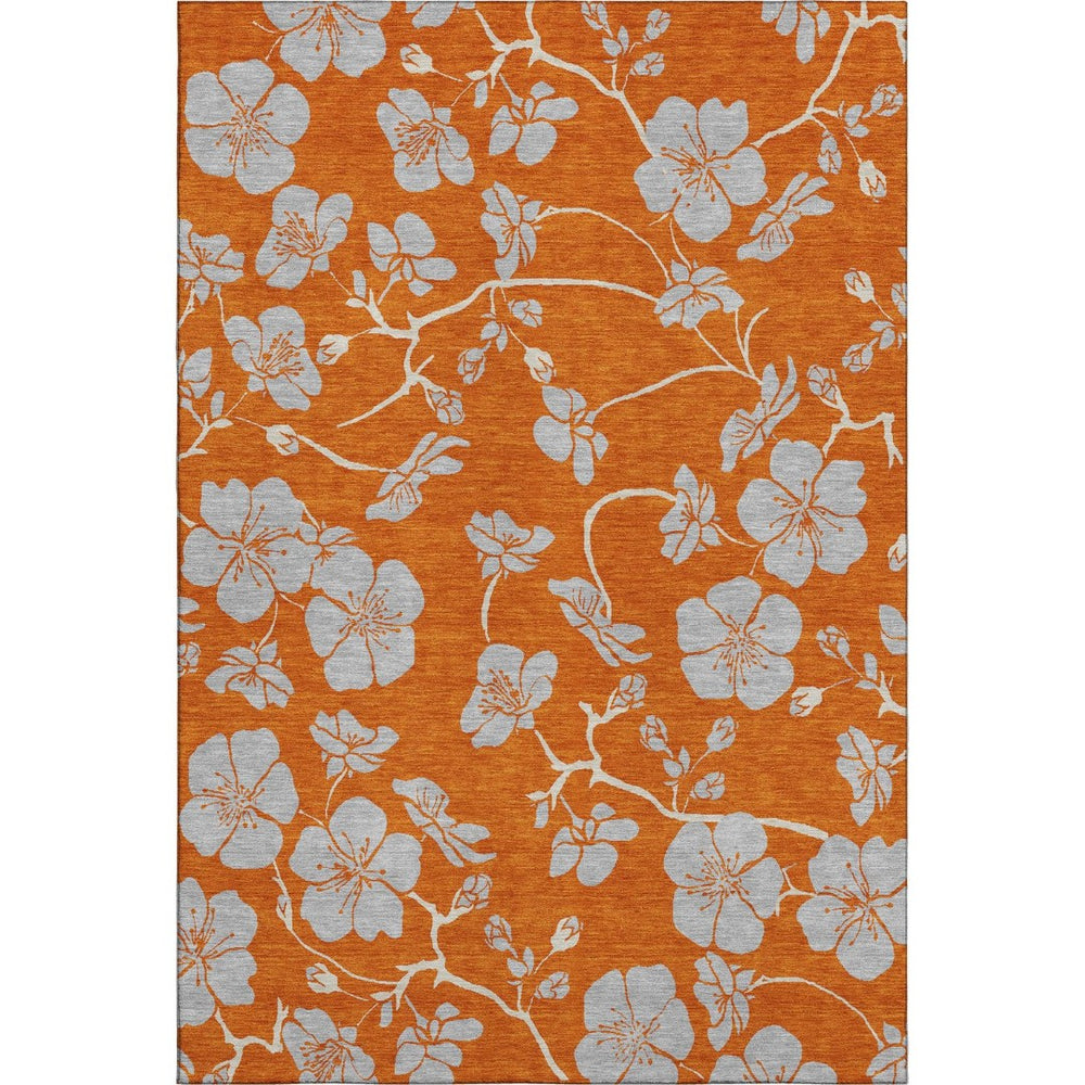HomeRoots 5' X 8' Floral Area Rug in Orange, Gray & Ivory - Washable, UV-Protected for Kid & Pet Friendly Homes 681181