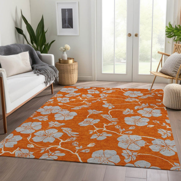 HomeRoots 5' X 8' Floral Area Rug in Orange, Gray & Ivory - Washable, UV-Protected for Kid & Pet Friendly Homes 681181