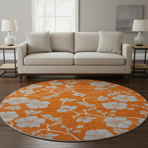 HomeRoots 8' Stylish Floral Washable Round Rug in Orange, Gray & Ivory - Durable, UV-Protected & Easy-Clean! 681182
