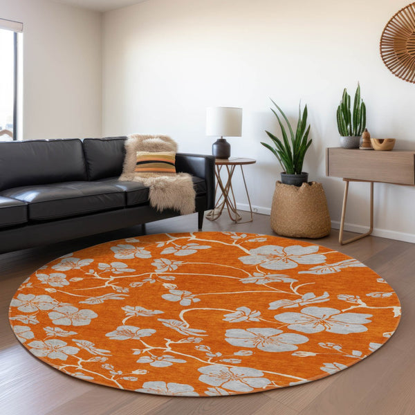 HomeRoots 8' Stylish Floral Washable Round Rug in Orange, Gray & Ivory - Durable, UV-Protected & Easy-Clean! 681182