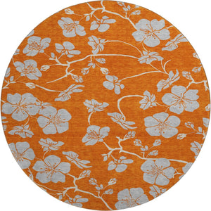 HomeRoots 8' Stylish Floral Washable Round Rug in Orange, Gray & Ivory - Durable, UV-Protected & Easy-Clean! 681182