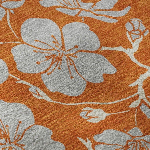 HomeRoots 8' Stylish Floral Washable Round Rug in Orange, Gray & Ivory - Durable, UV-Protected & Easy-Clean! 681182