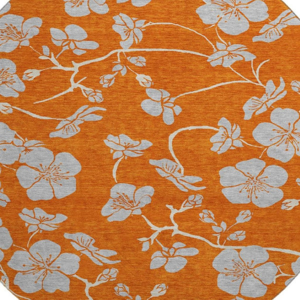 HomeRoots 8' Stylish Floral Washable Round Rug in Orange, Gray & Ivory - Durable, UV-Protected & Easy-Clean! 681182