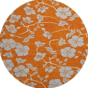 HomeRoots 8' Stylish Floral Washable Round Rug in Orange, Gray & Ivory - Durable, UV-Protected & Easy-Clean! 681182