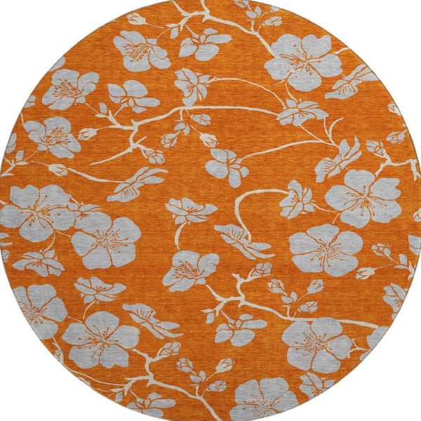 HomeRoots 8' Stylish Floral Washable Round Rug in Orange, Gray & Ivory - Durable, UV-Protected & Easy-Clean! 681182