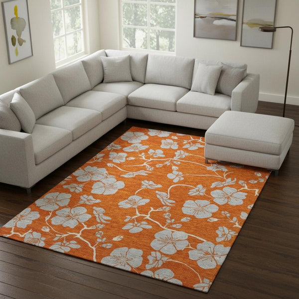 HomeRoots 8' Washable Orange Gray Ivory Floral Area Rug with UV Protection - Durable, Stylish & Pet Friendly 681183