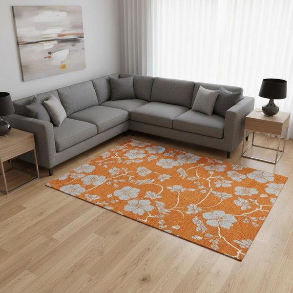 HomeRoots 9' X 12' Floral Area Rug in Orange, Gray & Ivory - Washable, UV Protected, Durable for High Traffic Areas 681184