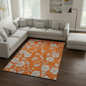 HomeRoots 10' X 14' Floral Washable Area Rug in Orange, Gray & Ivory – UV Protected, Durable, Pet-Friendly Design 681185