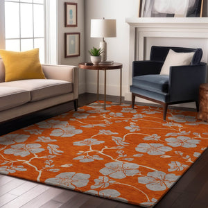 HomeRoots 10' X 14' Floral Washable Area Rug in Orange, Gray & Ivory – UV Protected, Durable, Pet-Friendly Design 681185