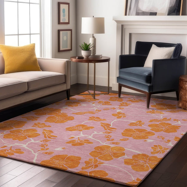 HomeRoots 5' Pink and Orange Floral Washable Area Rug - Durable, UV-Protected, Perfect for Family Spaces! 681187