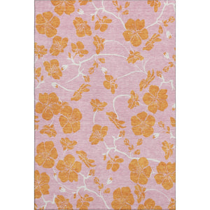 HomeRoots 5' Pink and Orange Floral Washable Area Rug - Durable, UV-Protected, Perfect for Family Spaces! 681187