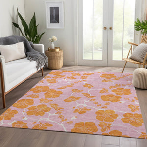 HomeRoots 5' Pink and Orange Floral Washable Area Rug - Durable, UV-Protected, Perfect for Family Spaces! 681187