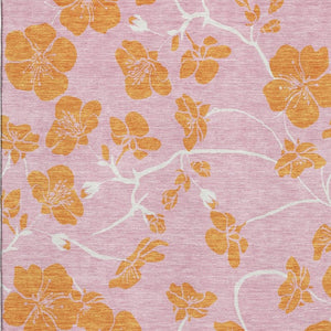 HomeRoots 5' Pink and Orange Floral Washable Area Rug - Durable, UV-Protected, Perfect for Family Spaces! 681187