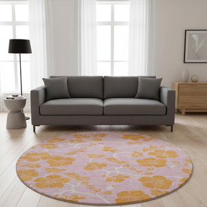 HomeRoots 8' Pink and Orange Floral Round Rug - Washable, UV Protected, Durable, Perfect for Any Room Decor 681188