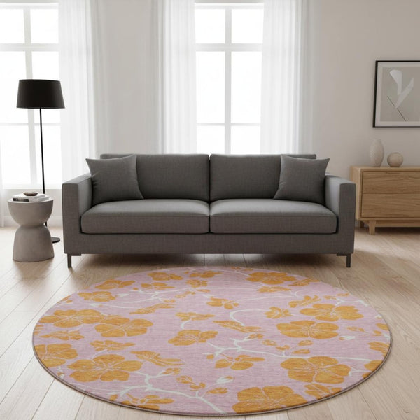 HomeRoots 8' Pink and Orange Floral Round Rug - Washable, UV Protected, Durable, Perfect for Any Room Decor 681188