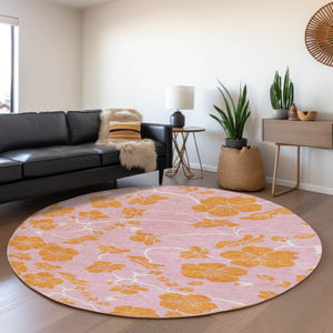 HomeRoots 8' Pink and Orange Floral Round Rug - Washable, UV Protected, Durable, Perfect for Any Room Decor 681188