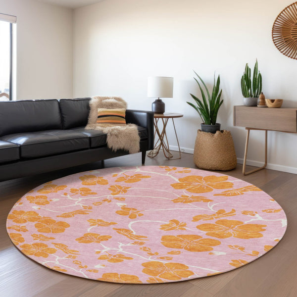 HomeRoots 8' Pink and Orange Floral Round Rug - Washable, UV Protected, Durable, Perfect for Any Room Decor 681188