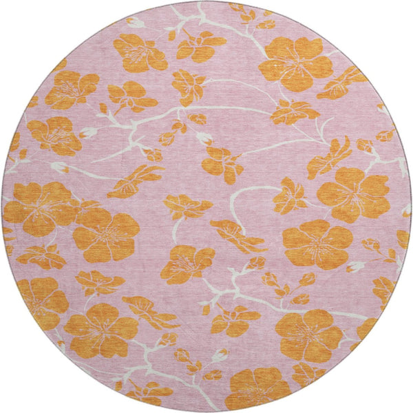 HomeRoots 8' Pink and Orange Floral Round Rug - Washable, UV Protected, Durable, Perfect for Any Room Decor 681188