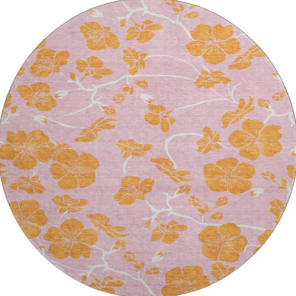 HomeRoots 8' Pink and Orange Floral Round Rug - Washable, UV Protected, Durable, Perfect for Any Room Decor 681188