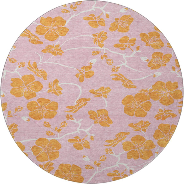 HomeRoots 8' Pink and Orange Floral Round Rug - Washable, UV Protected, Durable, Perfect for Any Room Decor 681188