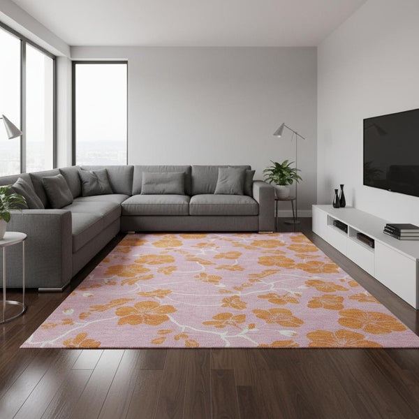 HomeRoots 8' X 10' Vibrant Pink and Orange Floral Washable Area Rug with UV Protection for Busy Homes 681189