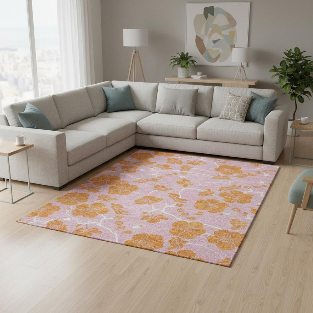 HomeRoots 9' X 12' Floral Area Rug in Vibrant Pink & Orange - Durable, Washable, UV Protected for Homes & Patios 681190