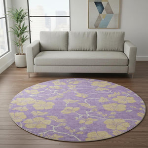 HomeRoots 8' Purple And Gold Floral Washable Round Rug - Durable, UV-Protected, Easy-Care for Family Homes 681194