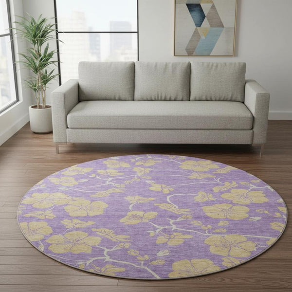 HomeRoots 8' Purple And Gold Floral Washable Round Rug - Durable, UV-Protected, Easy-Care for Family Homes 681194
