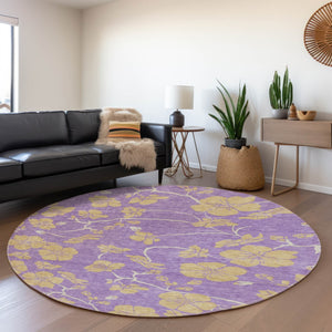 HomeRoots 8' Purple And Gold Floral Washable Round Rug - Durable, UV-Protected, Easy-Care for Family Homes 681194