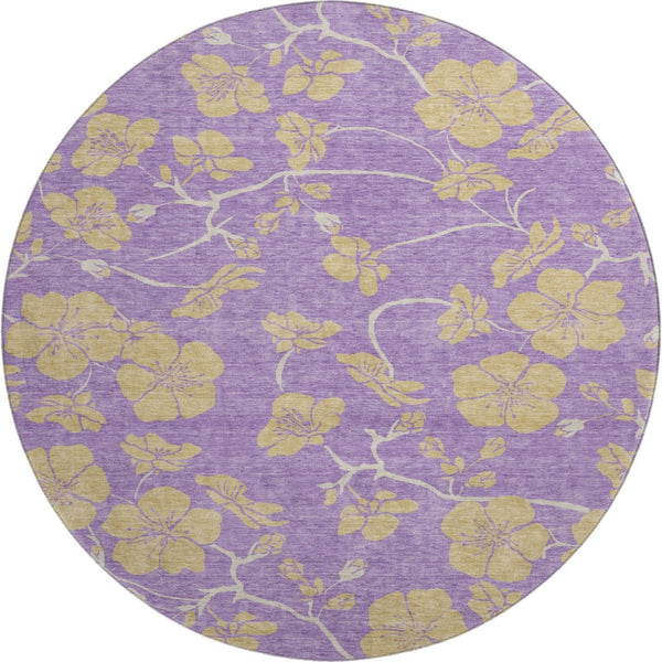 HomeRoots 8' Purple And Gold Floral Washable Round Rug - Durable, UV-Protected, Easy-Care for Family Homes 681194