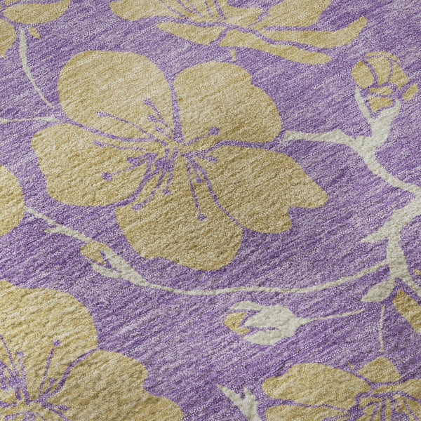 HomeRoots 8' Purple And Gold Floral Washable Round Rug - Durable, UV-Protected, Easy-Care for Family Homes 681194
