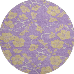 HomeRoots 8' Purple And Gold Floral Washable Round Rug - Durable, UV-Protected, Easy-Care for Family Homes 681194