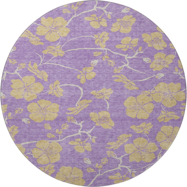HomeRoots 8' Purple And Gold Floral Washable Round Rug - Durable, UV-Protected, Easy-Care for Family Homes 681194