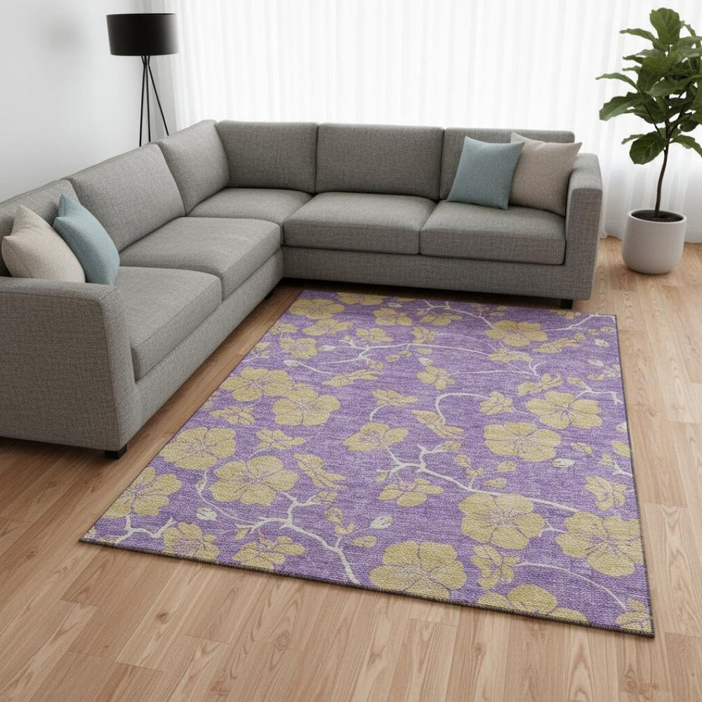 HomeRoots 8' X 10' Floral Area Rug in Purple & Gold - Washable, UV-Protected, Durable & Stylish for Any Room 681195