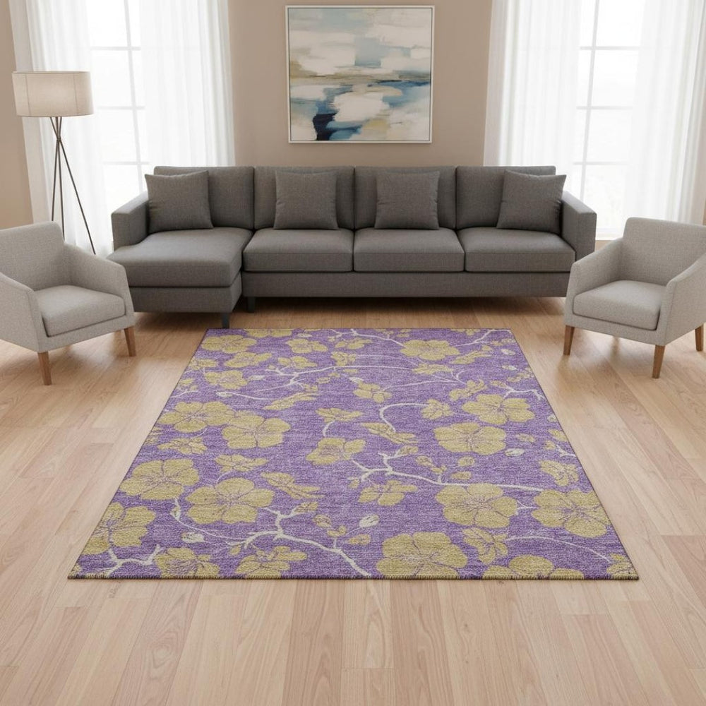 HomeRoots 9' X 12' Purple And Gold Floral Washable Area Rug – Stylish, Stain-Resistant & UV Protected for Homes 681196