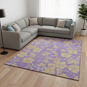 HomeRoots 10' X 14' Floral Area Rug in Purple & Gold - Washable, UV-Protected, Stain Resistant for High-Traffic Areas 681197