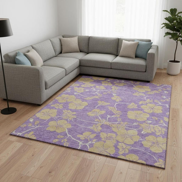 HomeRoots 10' X 14' Floral Area Rug in Purple & Gold - Washable, UV-Protected, Stain Resistant for High-Traffic Areas 681197