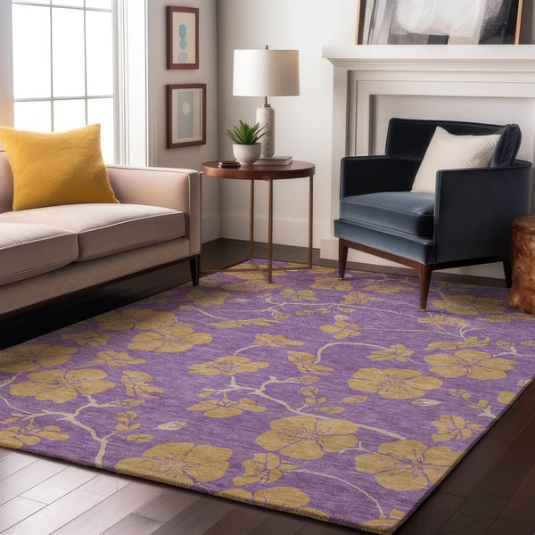 HomeRoots 10' X 14' Floral Area Rug in Purple & Gold - Washable, UV-Protected, Stain Resistant for High-Traffic Areas 681197