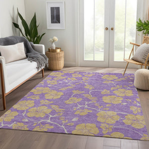 HomeRoots 10' X 14' Floral Area Rug in Purple & Gold - Washable, UV-Protected, Stain Resistant for High-Traffic Areas 681197