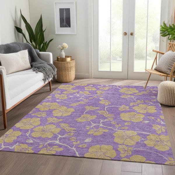 HomeRoots 10' X 14' Floral Area Rug in Purple & Gold - Washable, UV-Protected, Stain Resistant for High-Traffic Areas 681197